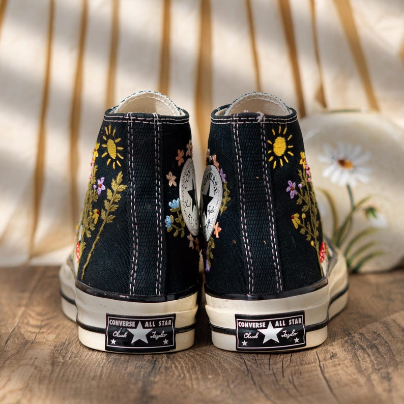 Handcrafted Embroidered Converse High Top, Custom Floral Embroidery Converse, Hedgehog And Mushroom Design Embroidered Sneakers, Unique Gift