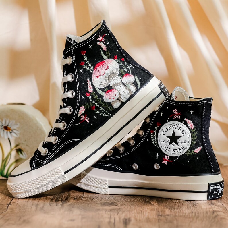 Custom Embroidered Converse Shoes, Mushroom Embroidery Converse High Tops, Custom Converse Shoes for Mushroom Lovers,  Unique gifts