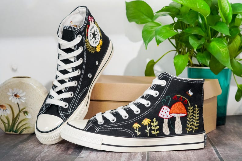 Embroidered Converse Mushroom, Butterfly, Converse Embroidery Mushroom, Custom Shoes Embroidered Butterfly, Mushrooms Sneakers, Gift for Her