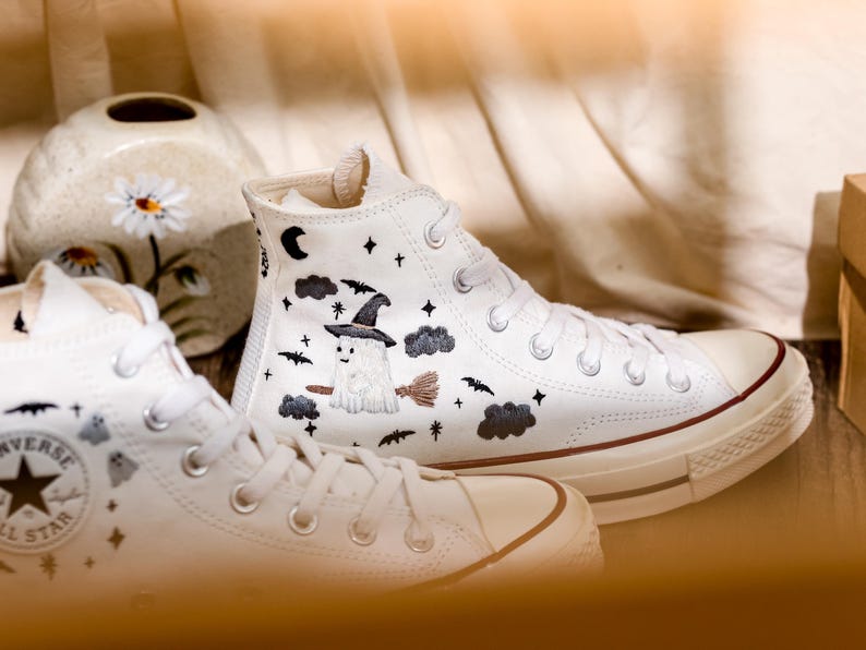 Embroidered Converse High Tops, Ghost Embroidered Shoes Custom, Halloween Embroidered Sneakers, Converse Embroidery Ghost, Halloween Gifts