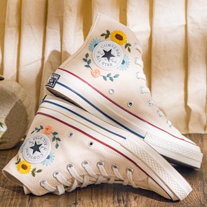 Custom Embroidered Converse Chuck Taylor High Top, Cream Converse Shoes Embroidery Skull & Sunflower, Unique Custom Sneakers, Halloween Gift