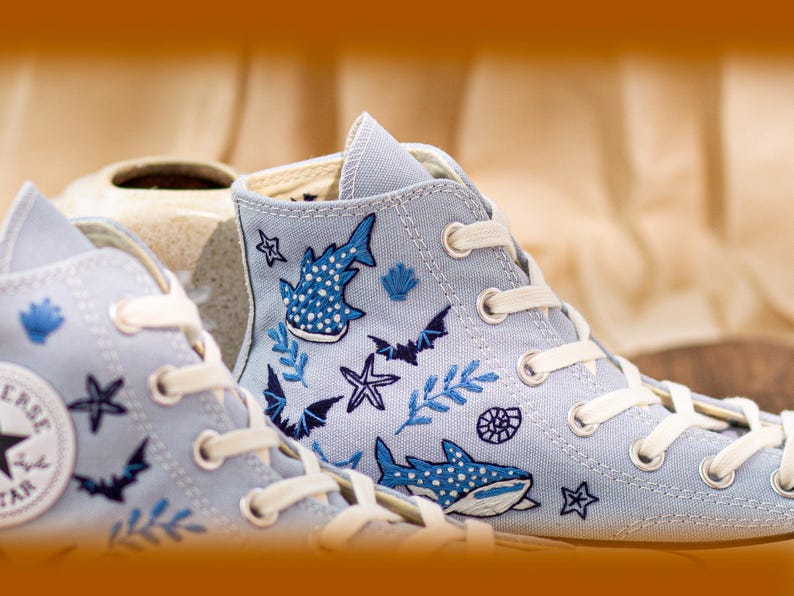 Custom Embroidered Converse Chuck Taylor, Sperm Whale Ocean Sneakers, Divers Gift, Beach Lovers Shoes, Coral Reefs