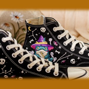 Frog Witch Embroidered Sneakers, Gothic Spooky Cute Converse Halloween Aesthetic