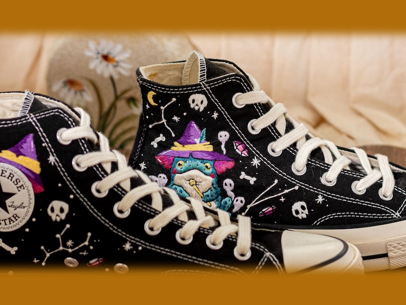 Frog Witch Embroidered Sneakers, Gothic Spooky Cute Converse Halloween Aesthetic