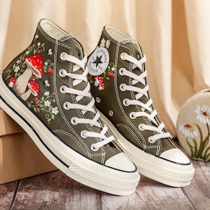 Mushrooms Embroidered Converse High Tops Custom, Strawberry, Mushrooms Embroidered Shoes, Sneakers Embroidery Mushroom, Strawberry for Women