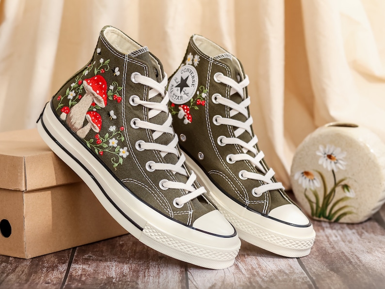 Mushrooms Embroidered Converse High Tops Custom, Strawberry, Mushrooms Embroidered Shoes, Sneakers Embroidery Mushroom, Strawberry for Women