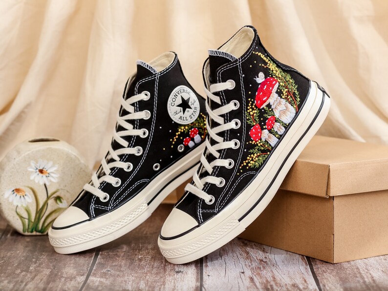 Custom Embroidered Converse Shoes, Mushrooms Embroidery Sneakers Women, Mimosa Embroidered Converse Custom, Shoes Embroidery, Gifts for Her