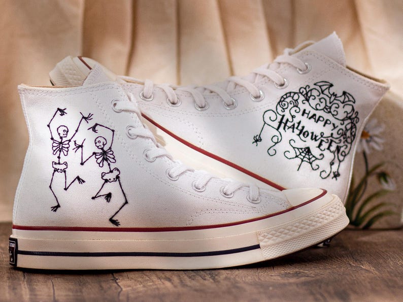 Converse Embroidered Dancing Skeleton 90s Vintage Style Shoes, Retro Skeleton Sneakers, Skull Funny Embroidery Shoes