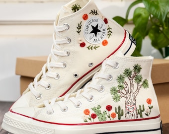 Custom Embroidered Converse High Tops 1970s, Shoes Embroidered With Tree of Happiness And Name, Cactus Embroidered Sneaker, Birthday Gift