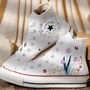 Customized Converse Shoes, Embroidered Converse Chuck 70 High Tops, Sneakers Embroidery Tulip And Butterfly, Custom Bride Shoes, Women Gift
