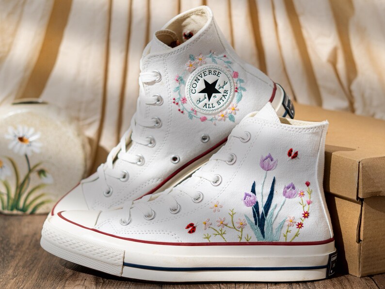 Customized Converse Shoes, Embroidered Converse Chuck 70 High Tops, Sneakers Embroidery Tulip And Butterfly, Custom Bride Shoes, Women Gift