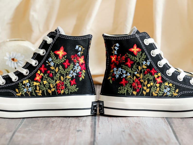 Embroidered Converse, Converse Embroidery Flower, Garden Wildflower Embroidered Converse Shoes, Flower Embroidered Sneakers, Handmade Gift