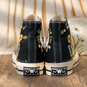 Vintage Embroidered Converse High Top, Handmade Floral & Mushroom Embroidery Converse Shoes, Custom Embroidered Sneakers Black, Fashion Gift
