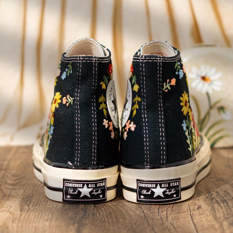 Vintage Embroidered Converse High Top, Handmade Floral & Mushroom Embroidery Converse Shoes, Custom Embroidered Sneakers Black, Fashion Gift