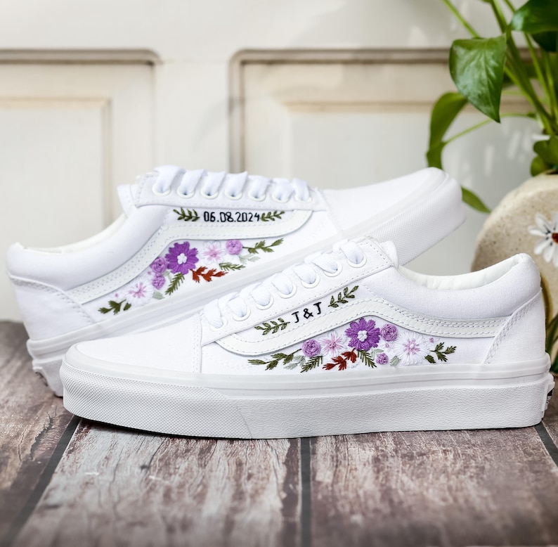 Vans Embroidery, Anniversary Date and Flower Embroidered Vans Wedding, Bridal Flower Embroidery Shoes, Personalized Shoes for Bride & Groom