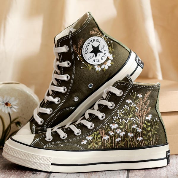 Buty Converse Chuck Taylor z haftem Daisy, trampki z haftem kwiatów ogrodowych, buty Converse z haftem małych kwiatów