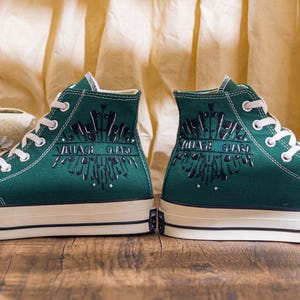 Unique Embroidered Converse High Tops, Green Sneakers Embroidered With Village Guard Motif And Dandelion Art, Unique Custom Shoes, Gift Idea