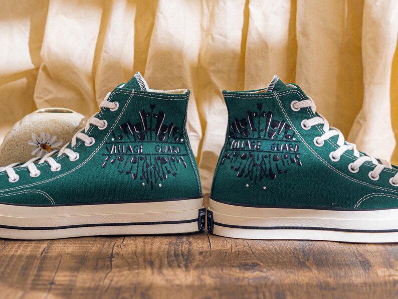 Unique Embroidered Converse High Tops, Green Sneakers Embroidered With Village Guard Motif And Dandelion Art, Unique Custom Shoes, Gift Idea