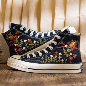 Custom Embroidered Converse Chuck Taylor High Tops, Black Sneakers With Sunset And Wildflower Embroidery, Vintage Converse Shoes, Women Gift
