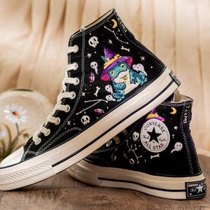 Frog Witch Embroidered Sneakers, Gothic Spooky Cute Converse Halloween Aesthetic