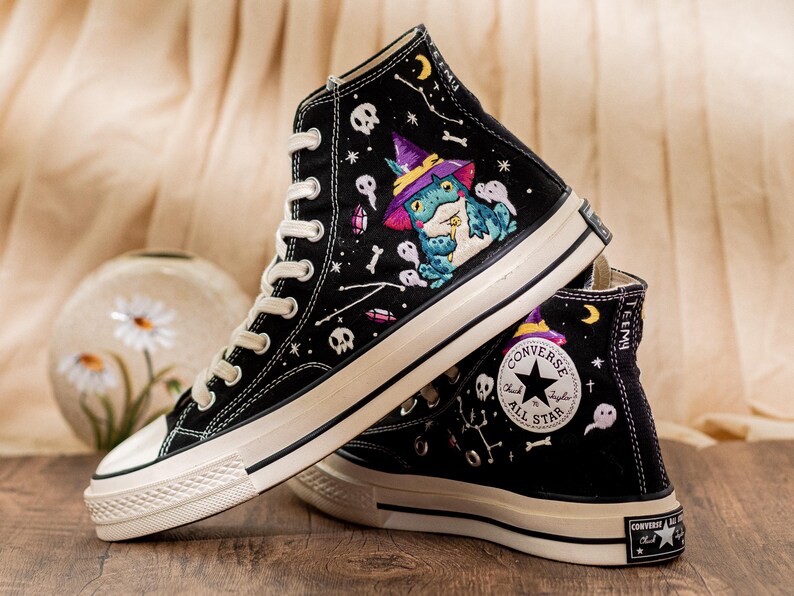 Frog Witch Embroidered Sneakers, Gothic Spooky Cute Converse Halloween Aesthetic