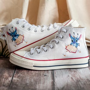 Custom Blue Alien Embroidered Converse High Tops, Converse Embroidery Book, Blue Alien Embroidered Shoes Custom,  Birthday Gifts for Her