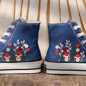 Mushroom Embroidered Converse High Top, Denim Canvas Shoes Embroidery Floral, Custom Sneakers Embroidered, Unique Women Shoes, Birthday Gift