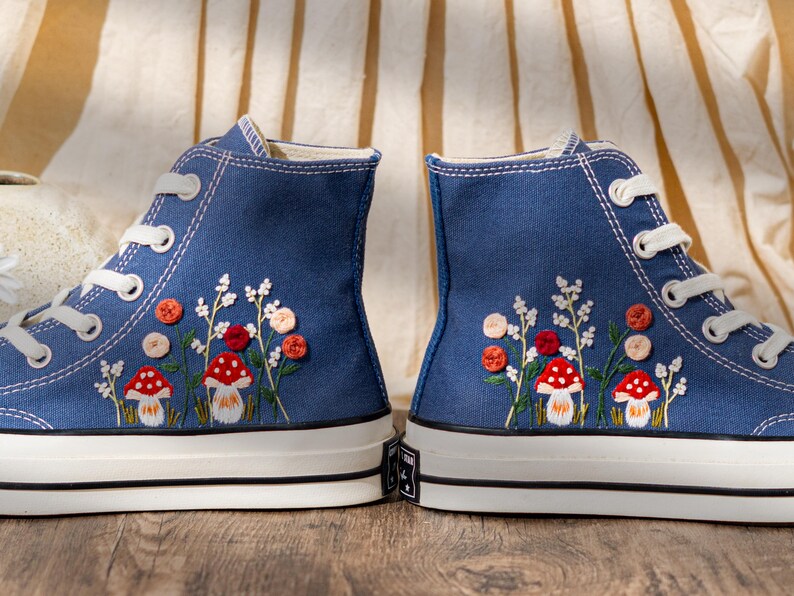 Mushroom Embroidered Converse High Top, Denim Canvas Shoes Embroidery Floral, Custom Sneakers Embroidered, Unique Women Shoes, Birthday Gift