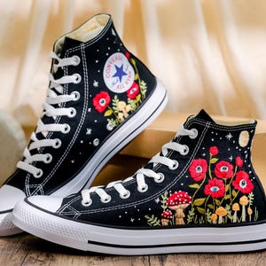 Custom Embroidered Converse, Evil Eye Flower Embroidered Converse Shoes Custom, Red Floral Embroidered Sneaker, Converse Embroidery Evil Eye