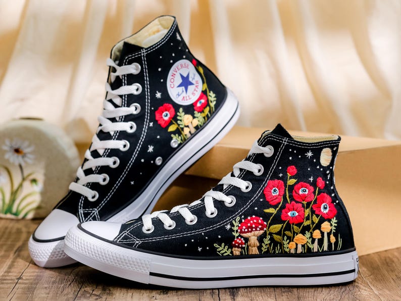 Custom Embroidered Converse, Evil Eye Flower Embroidered Converse Shoes Custom, Red Floral Embroidered Sneaker, Converse Embroidery Evil Eye