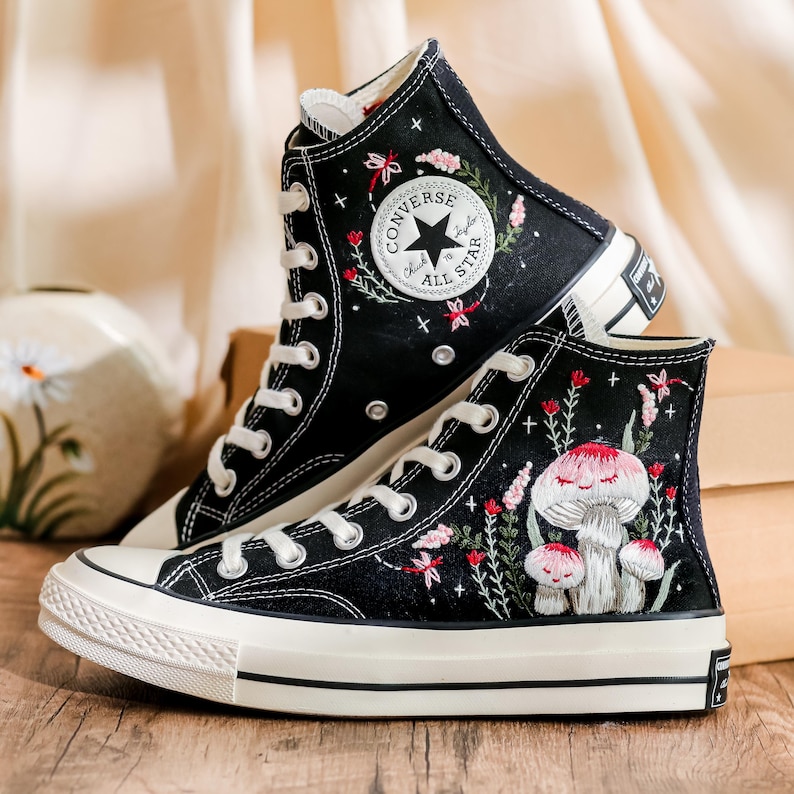 Custom Embroidered Converse Shoes, Mushroom Embroidery Converse High Tops, Custom Converse Shoes for Mushroom Lovers,  Unique gifts