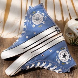 Blue Denim Cat And Floral Design Embroidery Converse, Custom Embroidered Sneakers High Top, Unique Converse Shoes, Custom Gift For Cat Lover