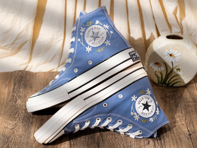 Blue Denim Cat And Floral Design Embroidery Converse, Custom Embroidered Sneakers High Top, Unique Converse Shoes, Custom Gift For Cat Lover