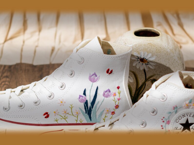 Customized Converse Shoes, Embroidered Converse Chuck 70 High Tops, Sneakers Embroidery Tulip And Butterfly, Custom Bride Shoes, Women Gift