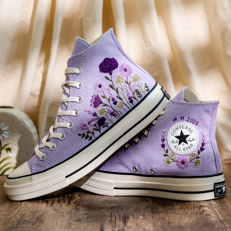 Embroidered Converse, Wedding Flowers Embroidered Shoes for Bride, Converse Embroidery Floral, Bridal Purple Flowers Embroidered Sneakers