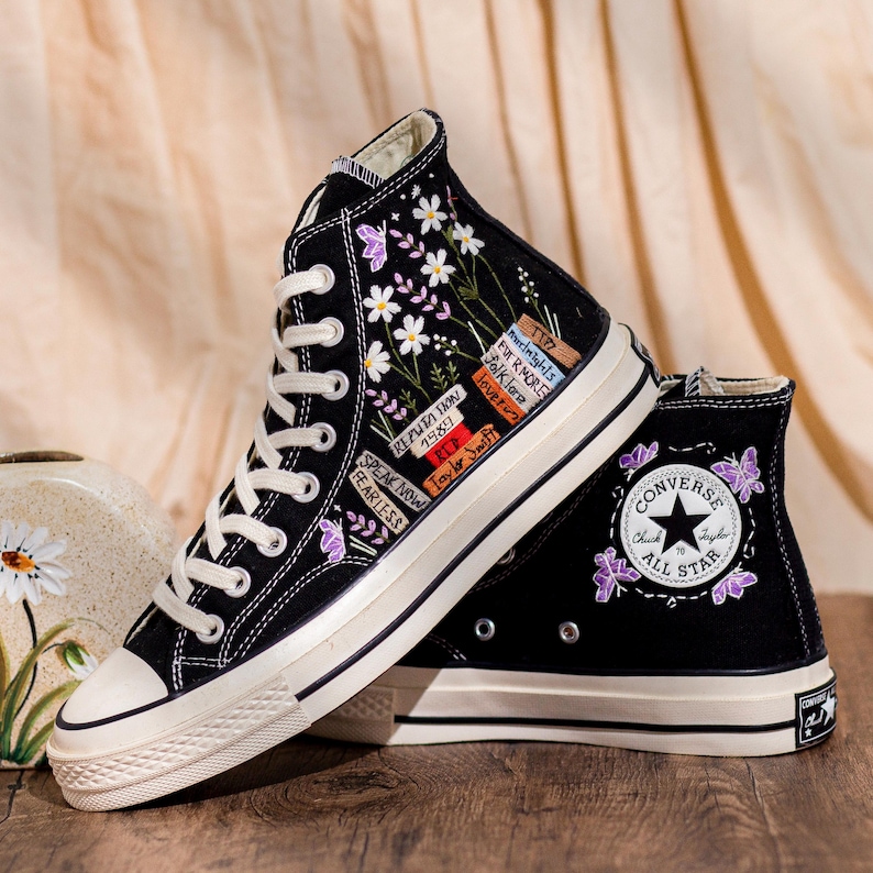 Music Lover Converse,Book and Flower, 1989 Embroidered Sneaker, Flower Embroidery Shoes, Handmade Gifts