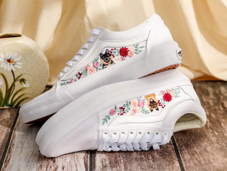 Custom Embroidered Vans Old Skool, Flowers, Pet Embroidered Wedding Reception Shoes, Floral Embroidered Sneaker, Personalized Bridal Sneaker