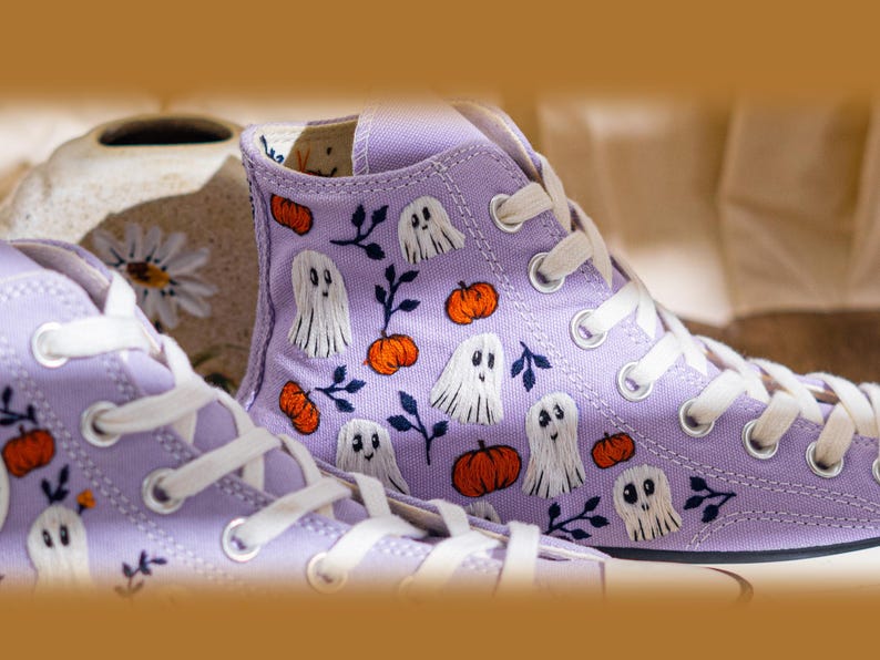 Custom Halloween Embroidered Converse High Top, Purple Converse Embroidery With Ghost & Pumpkin, Unique Embroidered Sneakers, Halloween Gift