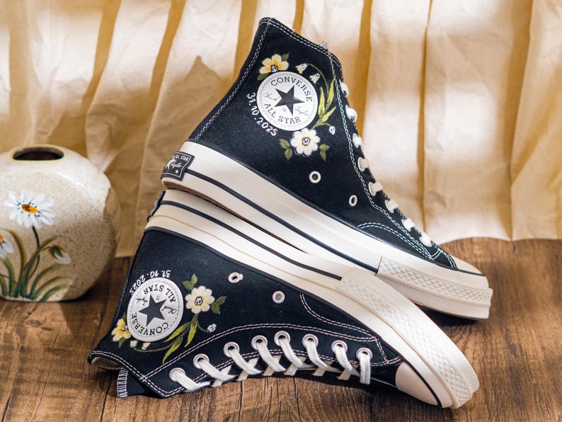 Custom Gothic Embroidered Converse High Tops, Black Canvas Sneakers Embroidery With Skull And Snail, Halloween Converse Shoes, Unique Gifts