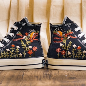 Custom Embroidered Converse Chuck Taylor High Tops, Black Sneakers With Sunset And Wildflower Embroidery, Vintage Converse Shoes, Women Gift