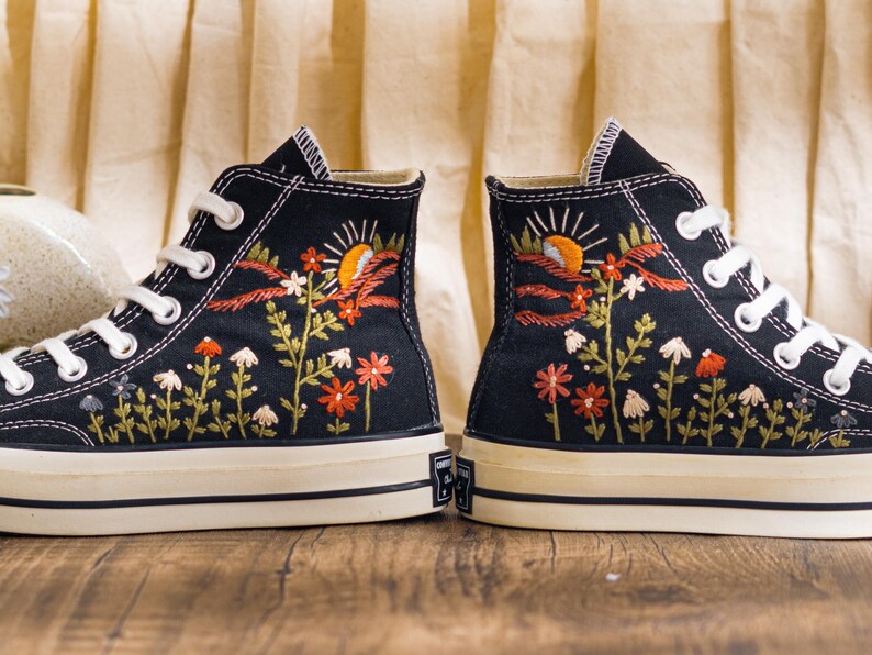 Custom Embroidered Converse Chuck Taylor High Tops, Black Sneakers With Sunset And Wildflower Embroidery, Vintage Converse Shoes, Women Gift