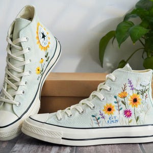 Custom Converse Chuck Taylor Embroidered Garden Flowers, Sunflower Embroidered Converse, Garden Sunflowers Embroidered Sneaker, Gift For Her