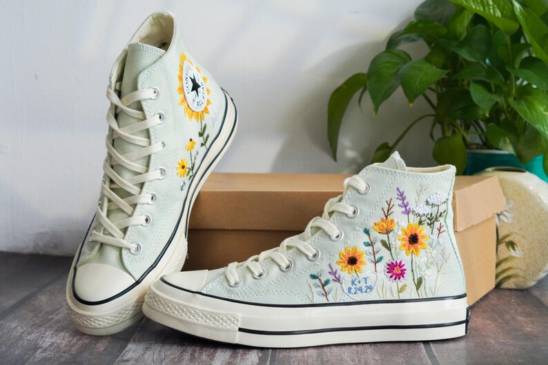 Custom Converse Chuck Taylor Embroidered Garden Flowers, Sunflower Embroidered Converse, Garden Sunflowers Embroidered Sneaker, Gift For Her