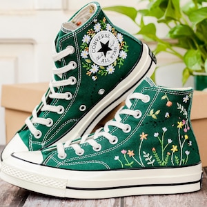 Wildflower Embroidered Converse, Small Flowers and Bees Embroidered Shoes, Custom Floral Embroidered Sneakers, Unique Gift for Nature Lover