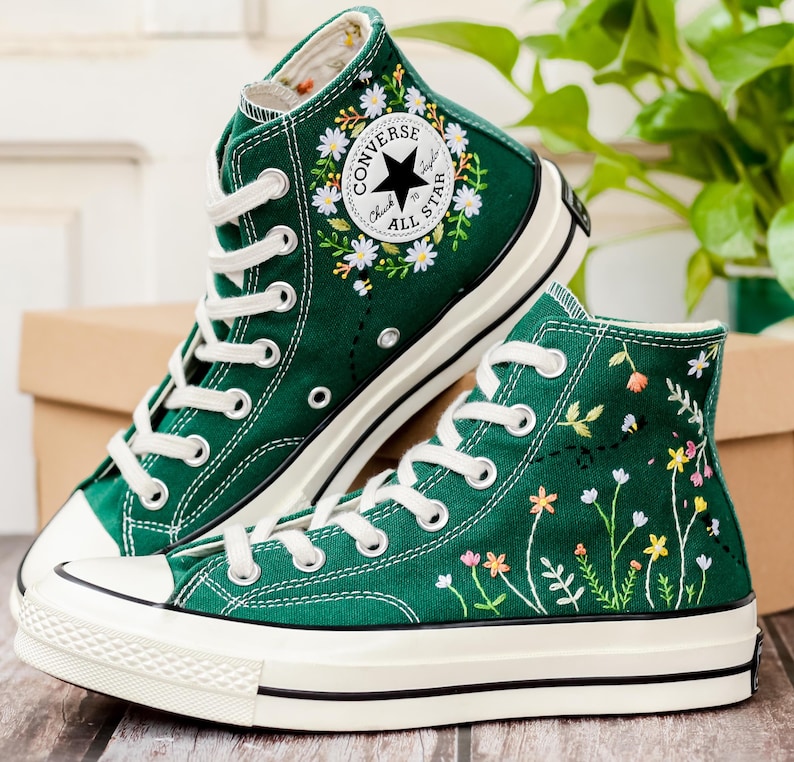 Wildflower Embroidered Converse, Small Flowers and Bees Embroidered Shoes, Custom Floral Embroidered Sneakers, Unique Gift for Nature Lover