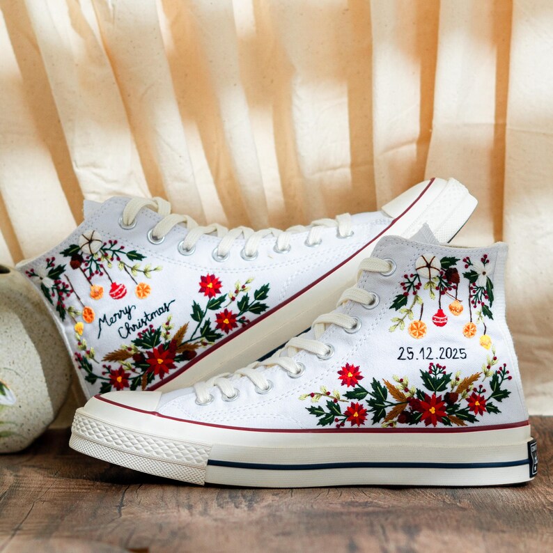 Custom Christmas Embroidered Converse Chuck Taylor High Tops, Converse Embroidery With Christmas & Floral, Personalized Shoes, Holiday Gifts