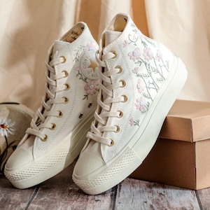 Custom Wedding Platform Shoes,Bridal Flowers Embroidered Sneakers for Bride,Embroidered Wedding Reception Shoes,Personalized Bridal Sneaker