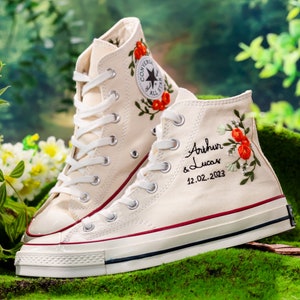 Weedding Converse For Bride, Name and Anniversary Date Embroidered Shoes Custom, Bridal Flower Embroidered Sneakers, Wedding Gift