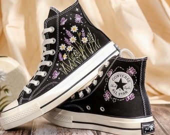 Embroidered Converse High Tops, Daisy, Lavender Flowers Embroidered Shoes, Converse Embroidery Butterfly, Floral, Anniversary Gifts for Her