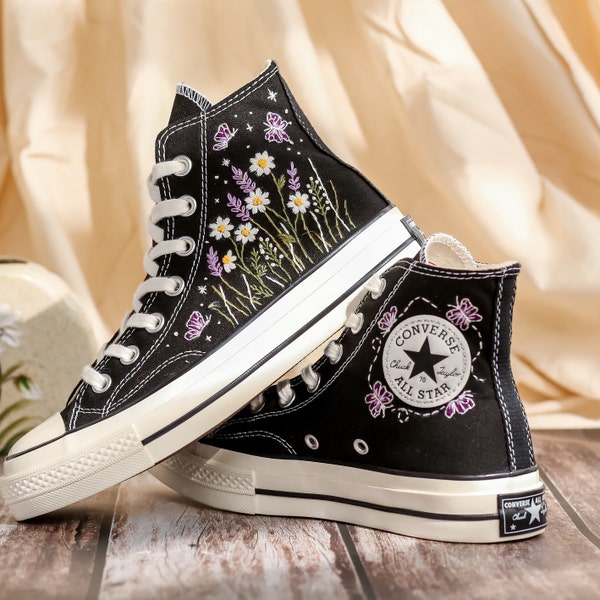 Embroidered Converse High Tops, Daisy, Lavender Flowers Embroidered Shoes, Converse Embroidery Butterfly, Floral, Anniversary Gifts for Her